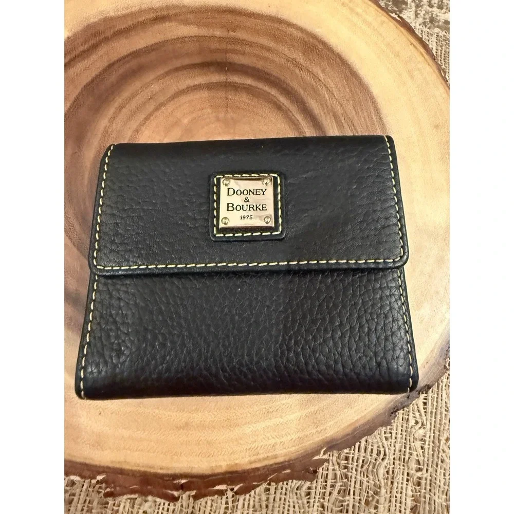 Dooney & Bourke Pebble Grain Leather Flap Zip Wallet BLACK Tri Fold